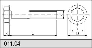 schemat śruby z łbem 6-kątnym z podkładką i gwintem na części