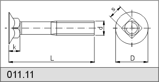 schemat śruby zamkowej z łbem stożkowym z gwintem na części